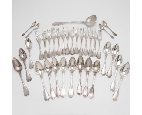 Fiddle &amp; Thread Pattern, including 8 tablespoons, a soup ladle and 7 table forks, by E. Maitreau, Bordeaux together with 
