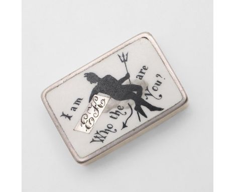 rectangular form with plain sides, polychrome enamelled on the cover with "I am EH. Who the (devil) are you?", by Horton &amp