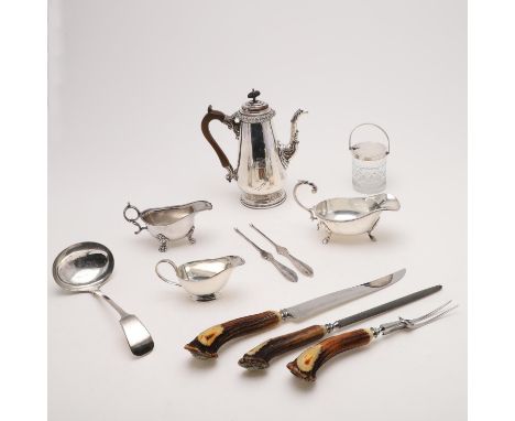 including an Old Sheffield Plate coffee pot, crested, three sauce boats, a mounted glass preserve jar, a sauce ladle, two lob