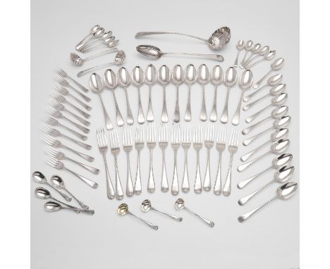 including: 12 table spoons, 12 table forks, 11 dessert forks, 11 dessert spoons, 11 teaspoons, 4 mustard spoons, 3 salt spoon