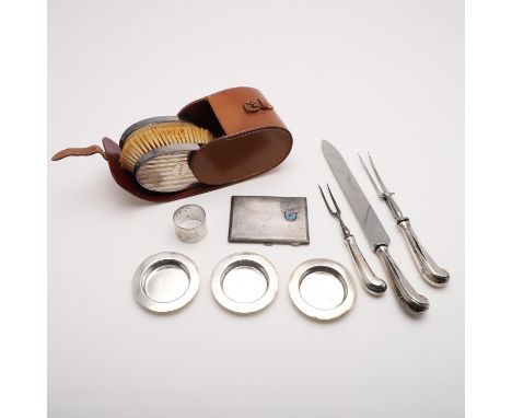 three circular dishes, by Asprey &amp; Co. Ltd, Birmingham 1942, together with a three-piece carving set with pistol grips an