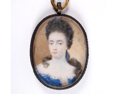 Miniature portrait of a lady, her hair dressed with blue ribbons and wearing blue dress, head and shoulders, on ivory; 4 x 3 