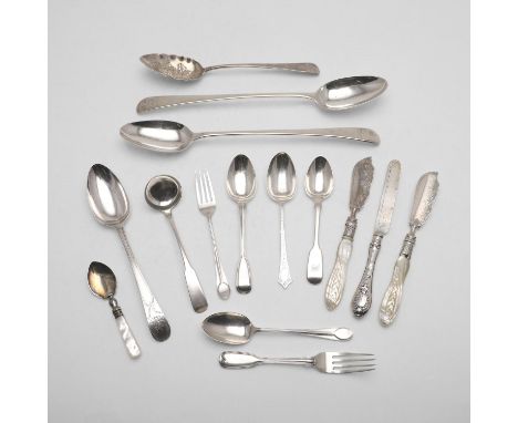 including a pair of George III Old English serving spoons, crested, by Thomas Chawner, London c.1780, a George III Feather-Ed