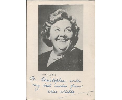 Mrs Mills signed 7x5 vintage promo photo dedicated to Christopher. Gladys Mills (née Jordan; 29 August 1918 - 24 February 197