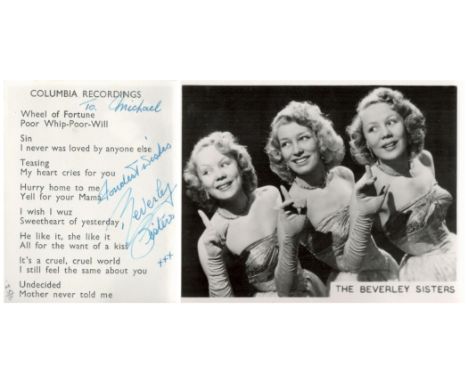 The Beverley Sisters signed 3x3 black and white vintage photo. Signed on reverse. The Beverley Sisters (MBE) were an English 