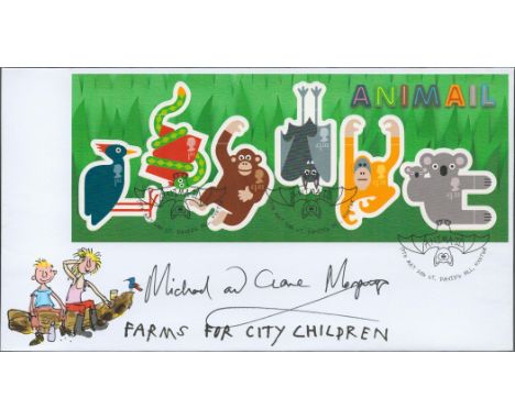 Michael and Clare Morpurgo signed Farms For City Children FDC. Animal Barcode Miniature Sheet First Day Cover with Child Frie
