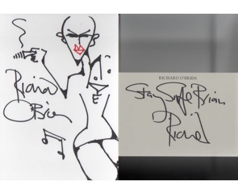 Rocky Horror Picture Show Richard O'Brien. 7x5 hand drawn sketch with compliment slip. Good condition. All autographs come wi