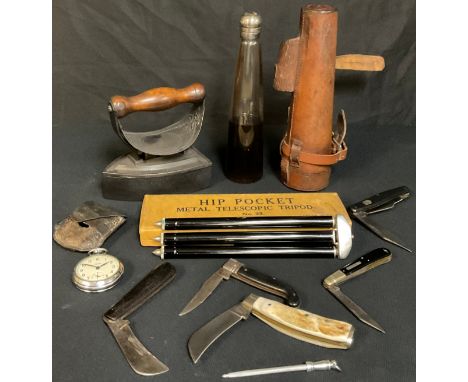 A late 19th century hunting flask;  smiths pocket watch;  pocket knives;  flat iron;  etc 