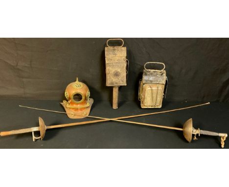 Boxes and Objects - 19th century carriage lamps; a copper and brass desk model divers helmet, 16cm high; a fencing epee; anot