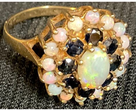 An opal and sapphire cluster ring, 9ct gold shank 