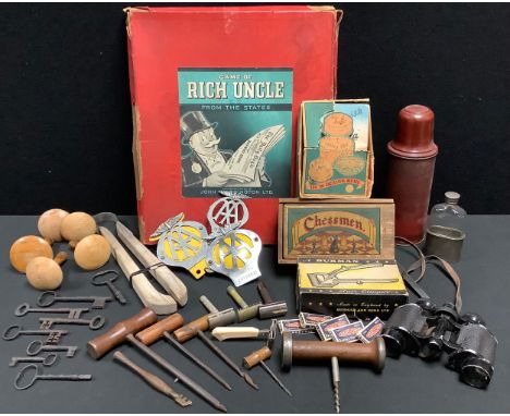 Boxes and Objects - a corkscrew, others; a glass cutter; darning mushrooms; Imperator binoculars; three AA Automobile Associa