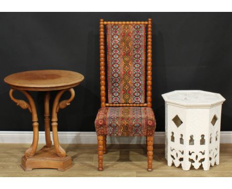 A bobbin-turned side chair, 108cm high, 43cm wide, the seat 36cm deep; an occasional table, the supports carved as long-necke