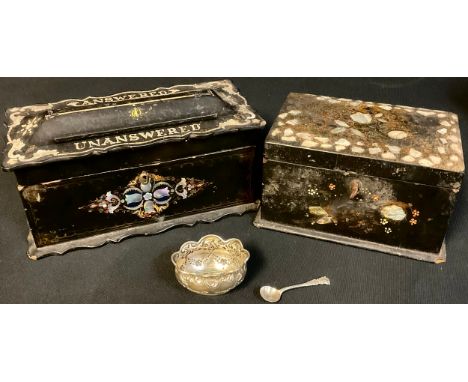 A Victorian papier mache correspondence box, inlaid with mother of pearl; another, tea caddy; a silver salt, Birmingham 1899;