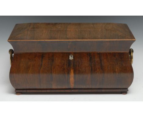 A George IV rosewood sarcophagus tea caddy, brass ring loop handle, the interior later fitter with three continental canted r