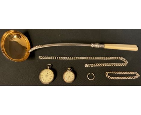 A silver open faced pocket watch;  another, fob, 800;   a silver Albert; a 19th century silver plated ladle, 38.5cm long 