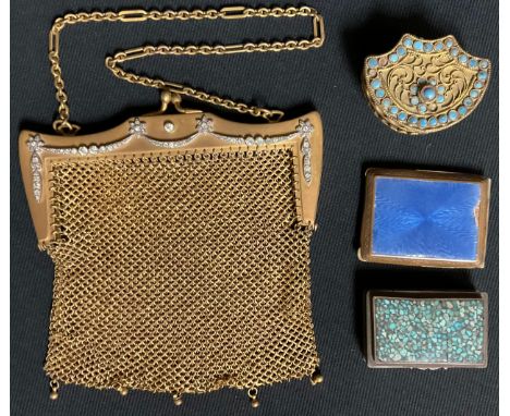 A lady's mesh evening purse, set with paste stones; an enamel match case; a snuff box inlaid with turquoise; a similar patch 