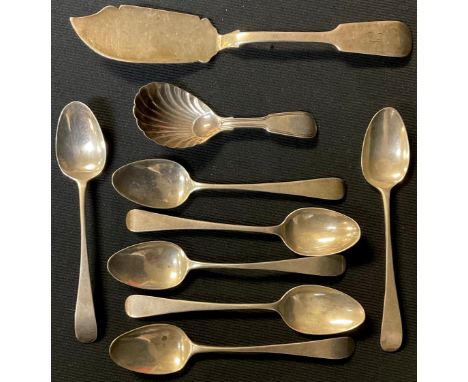 A George III silver caddy spoon, London 1816; a Victorian silver fish knife, Newcastle 1850; a set of seven George III silver
