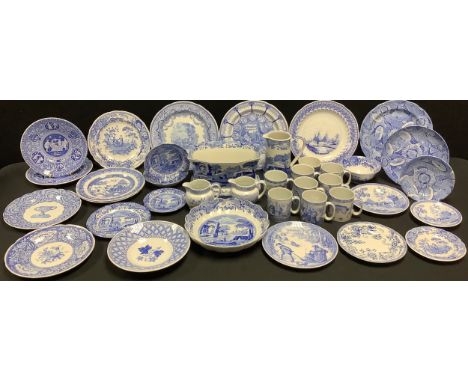 A Spode Italian pattern blue and white transfer printed bough pot, plates, water jug, shaped circular fruit bowl; other Spode