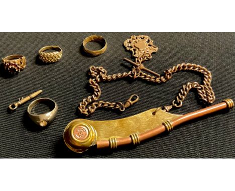 A Victorian gold coloured metal watch key; a gold plated Albert with fob; a compass; a bosun's whistle;  9ct gold dress ring,