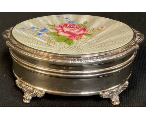 A silver and enamel dressing table pot, hinged cover, Birmingham 1964, 12cm wide 