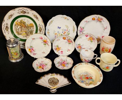 A Royal Doulton Bunnykins baby's bowl and two-handled mug; an Aynsley Cottage Garden plate; Royal Crown Derby Posie pattern c