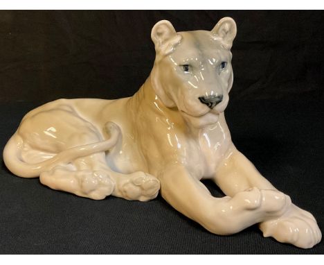 A Royal Copenhagen model of a resting lioness, number 804, 31cm wide, printed and painted marks 