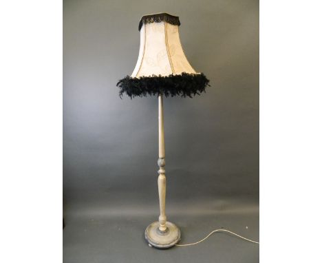 A painted standard lamp with leather trimmed shade, lamp 60" high, Best Bid 