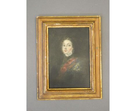 An oil on panel, half length portrait of a gentleman with a blue tunic and red sash (landscape verso), 5½" x 8" 