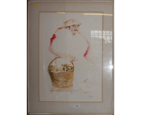 John Papas (b.1942 - New Zealand) Portrait of a man with a basket Pen and watercolour, signed 60cm x 43cm