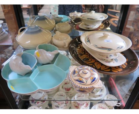 A Poole Pottery Aegean pattern brown glaze platter, 40cm, two Susie Cooper tureens and covers, two Poole Pottery shells and o