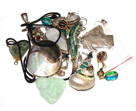 A jade Buddha, various agate pendants, earrings, etc