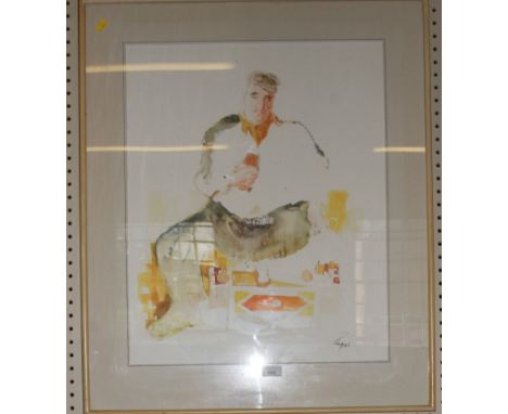 John Papas (b. 1942 - New Zealand) Portrait of a shoe cleaner Pen and watercolour, signed 60cm x 120cm
