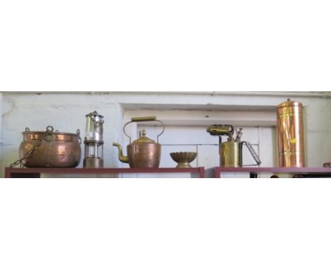 A copper kettle, copper bowl, Davy lamp, blowtorch and other metalwares