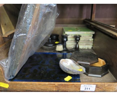 A set of eight green glaze Art Nouveau tiles, two Edwardian blue and yellow painted glazed panels, an ebony dressing table se