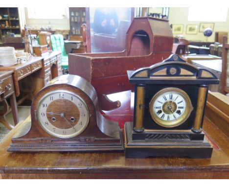 An Edwardian ebonised mantel clock, 32cm high and an Admiral hat clock 38cm (2)