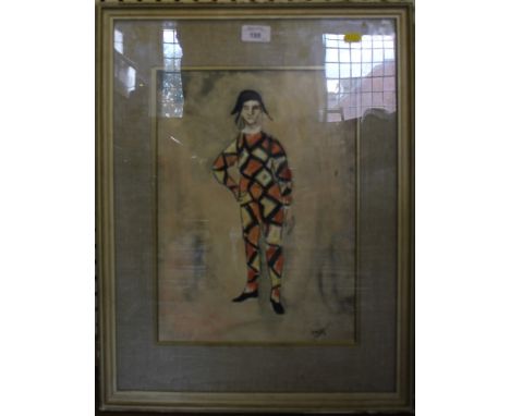 P. Dessau Full length portrait of a Harlequin Watercolour, signed 37cm x 26cm