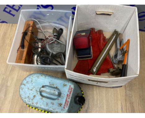 2 boxes of miscellaneous tools, also includes petrol can &amp; railway light