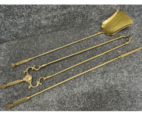 Vintage heavy brass 3 piece fire companion set, length 78cm