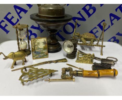 Tray brass and copper items including a egg timer bottle opener etc