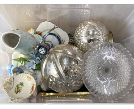 Large box of mercury glass light plus various pottery