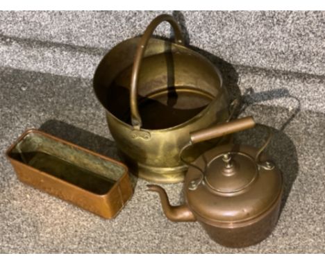 Vintage brass coal scuttle together with a Victorian copper kettle &amp; trough