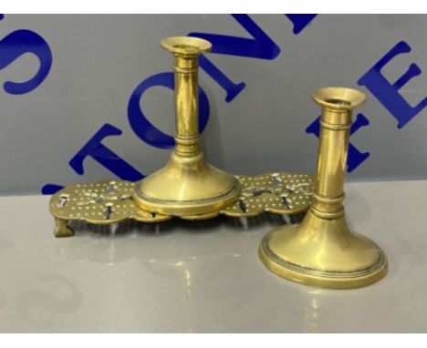 Early 19th century pair of brass candlesticks together with hand made brass cribbage board