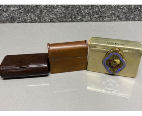 EPNS Masonic style match box together with a wooden “Herbert Pritchard” matchbox, also includes a Bakelite snuff box