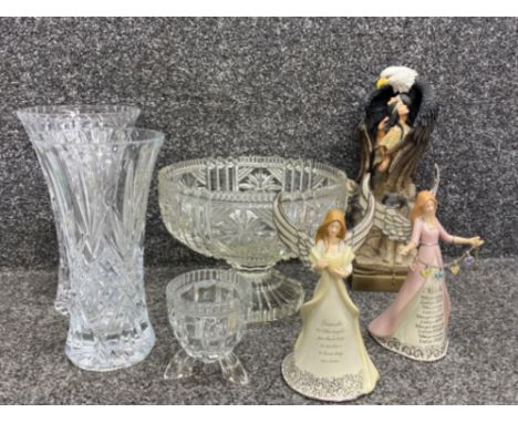 A lot comprising of cut glass items including 2 vases, 1 fruit bowl etc also it includes 2 angle ornaments and 1 Bradford exc