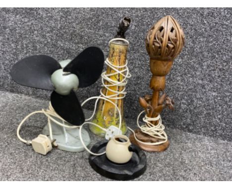 Box containing 2 wooden table Lamps, vintage electric fan &amp; Bakelite ashtray