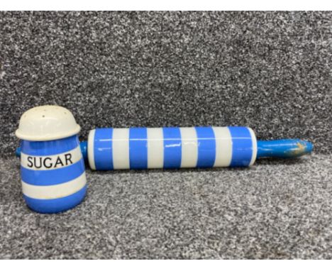 T G green Cornish ware sugar shaker also including Cornish ware rolling pin