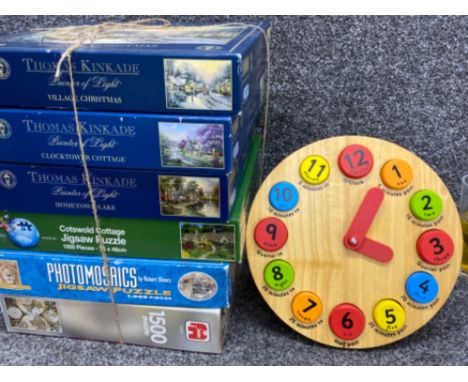 Total of 6x vintage jigsaws including 3 by Thomas Kinkade, also includes a child’s wooden teaching clock on stand