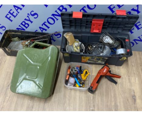 20L petrol can together with 2 boxes of miscellaneous hand tools &amp; accessories
