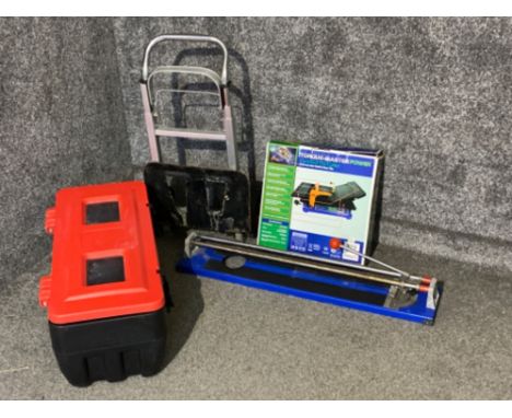 Torque-Master power compact tile cutter together with a large tool box &amp; sack barrow etc