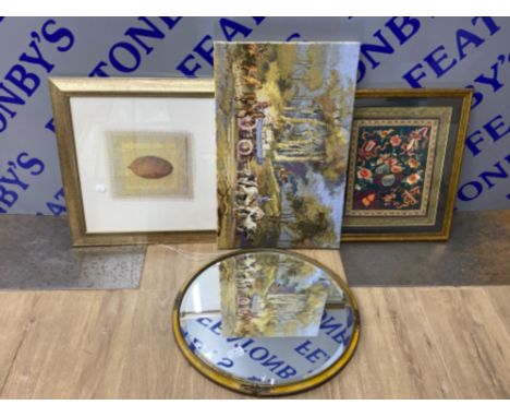 Bevelled round mirror plus silk tapestry with 2 more